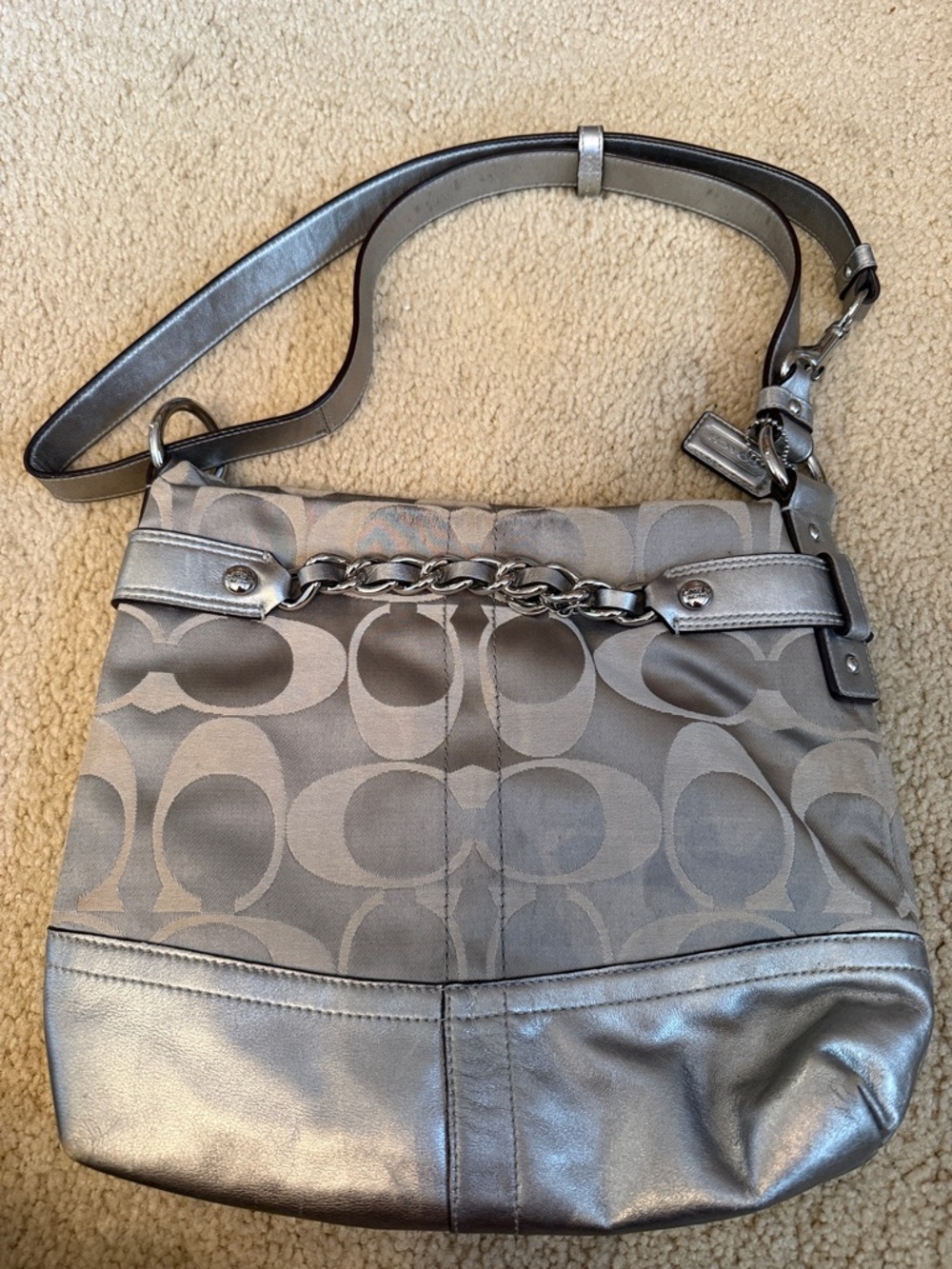 Coach Silver Signature Chain-Trim Shoulder Bag